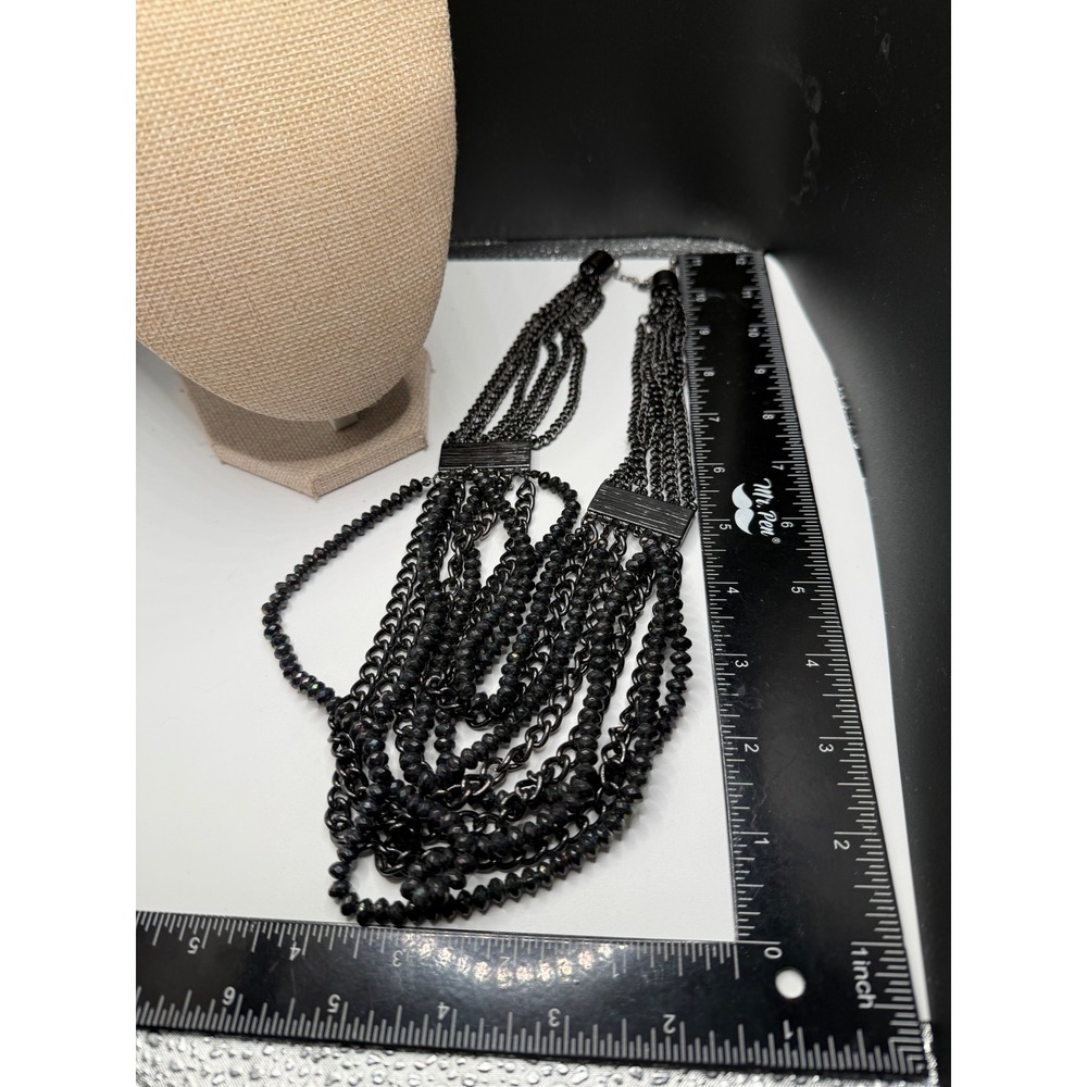 Gunmetal Multi Strand Statement Necklace Black Iridescent Beaded Layered Chain - Picture 5 of 5